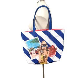 Tote Bag Shopping Beach Travel Cruise Striped Blue White Vespa Girl Vacation